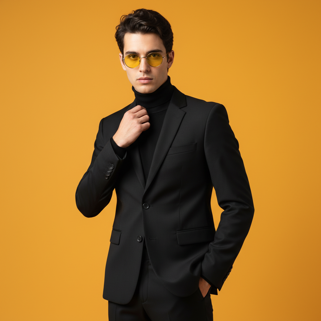 Fashion Portrait: Black Suit, Yellow Lenses, Orange Studio — AI image prompt