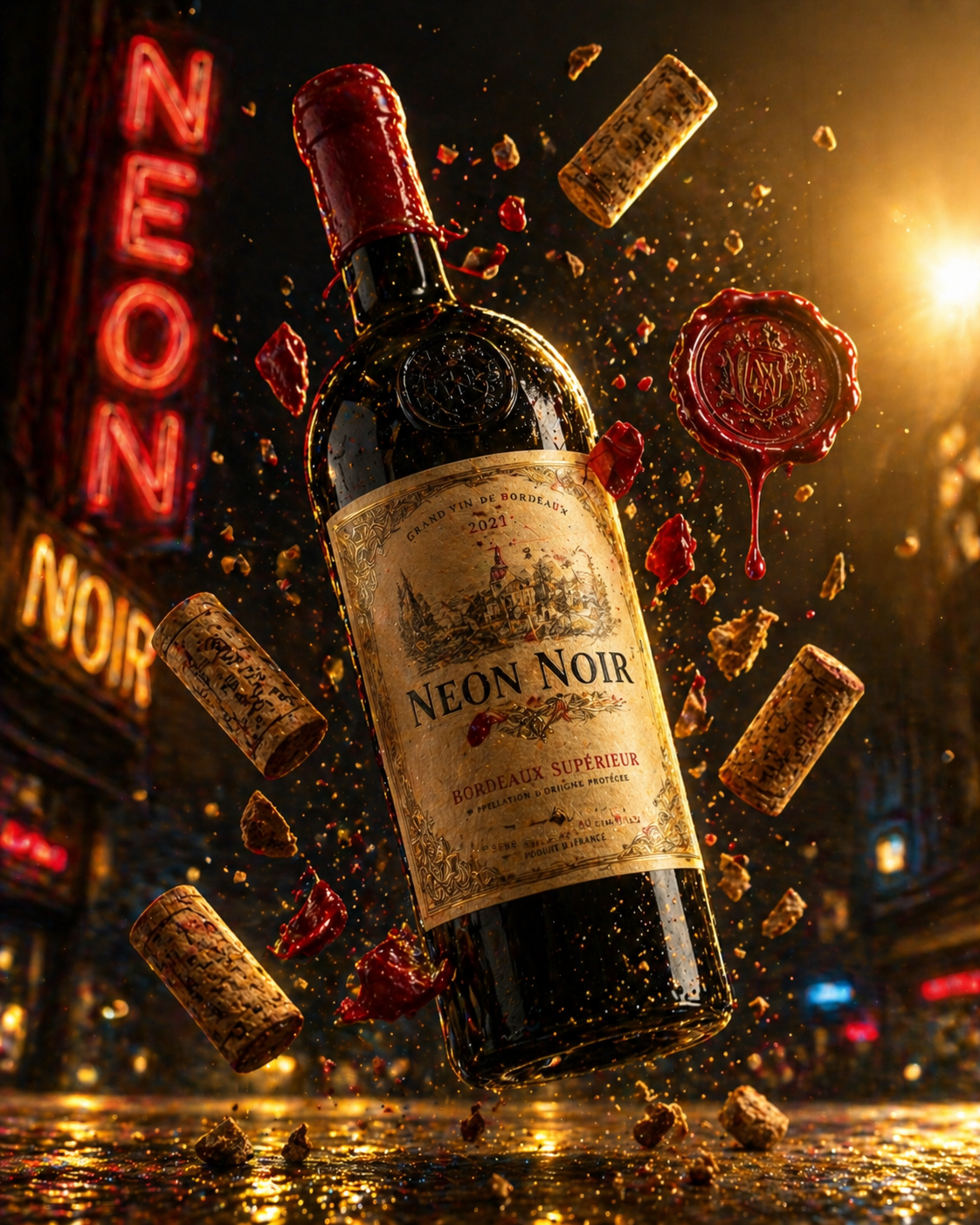 Neon Noir: Chaos Bottled in Gold — AI image prompt